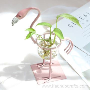 iron flamingo decoration glass and iron vase decoration